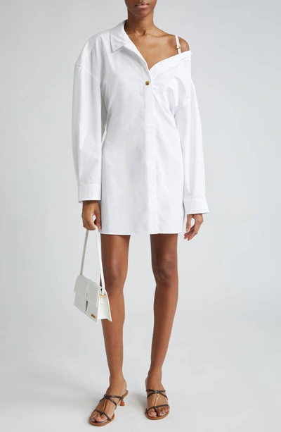 Jacquemus La Mini Dressing Gown Chemise Long Sleeve Cotton Shirtdress In White