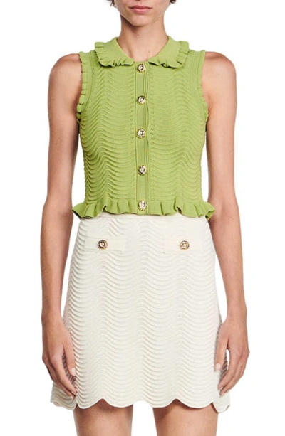 Sandro Lina Ruffle Sleeveless Crop Jumper In Olive Green