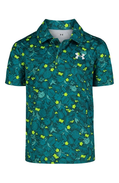 Under Armour Kids' Match Play Leaf Print Performance Polo In Hydro Teal