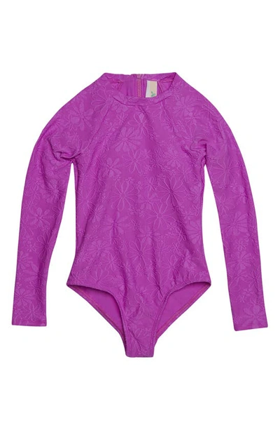 Hobie Kids' Long Sleeve Jacquard One-piece Rashguard Swimsuit In Violet