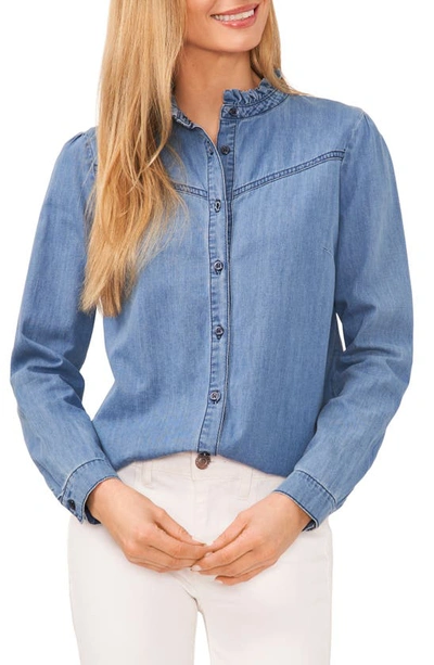 Cece Ruffle Denim Button-up Top In Chambray