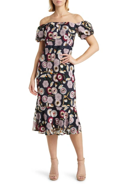 Sam Edelman Helium Floral Embroidered Off The Shoulder Dress In Navy/ Blush Multi