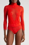 Hah Take  Bow Lace Turtleneck Bodysuit In Blood Orange