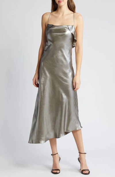 Du Paradis Metallic Asymmetric Hem Dress In Olive Gloss