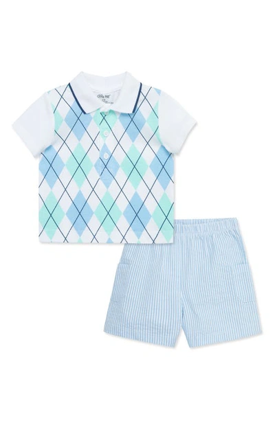 Little Me Babies'  Argyle Cotton Polo & Stripe Shorts Set In Blue