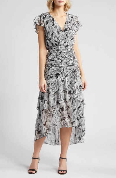 Tahari Asl Paisley Side Ruched Midi Dress In Black Ivory