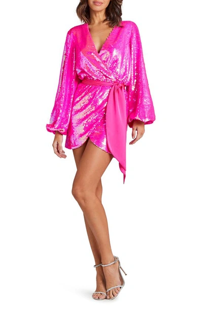 Nadine Merabi Izzie Sequin Long Sleeve Wrap Dress In Bright Pink