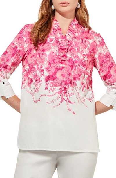 Ming Wang Ruffle Collar Floral Cotton Shirt In Carmine Rose Multi
