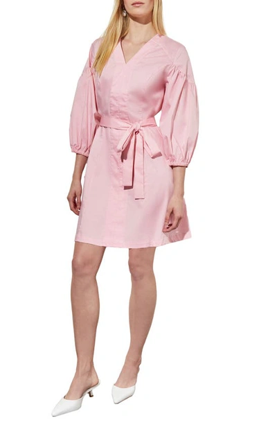 Ming Wang Puff Sleeve Tie Belt Cotton Sheath Minidress In Perfect Pink