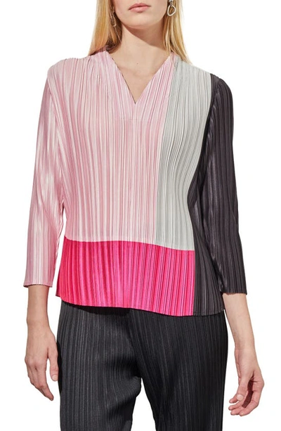 Ming Wang Pleated Colorblock Crêpe De Chine Top In Perfect Pink Multi