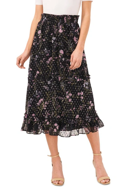 Cece Floral Print Chiffon Midi Skirt In Rich Black