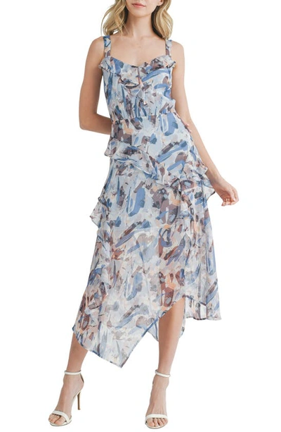 Mila Mae Asymmetric Hem Abstract Print Chiffon Dress In Blue