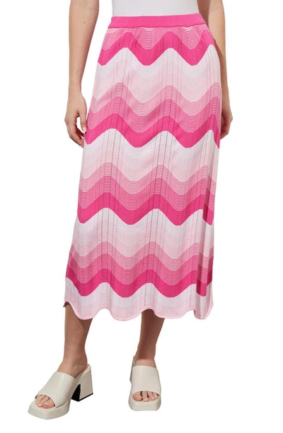 Ming Wang Scallop Stripe Knit Midi Skirt In Carmine Rose Multi