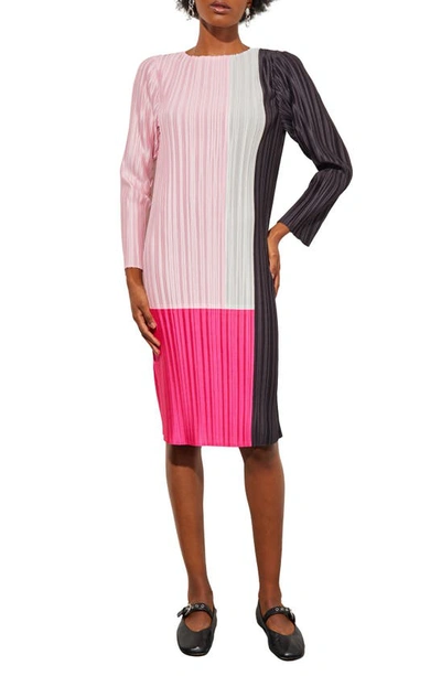 Ming Wang Colorblock Pleated Long Sleeve Dress In Perfect Pink Multi