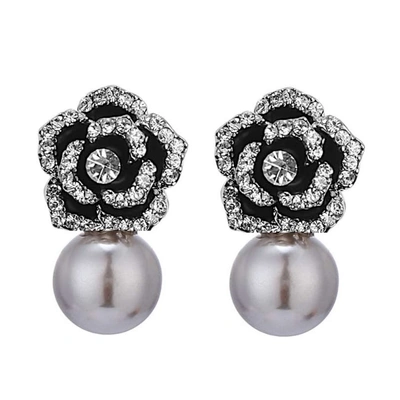Liv Oliver 18k Gold Black Rose Embellished Pearl Drop Earrings In Multi