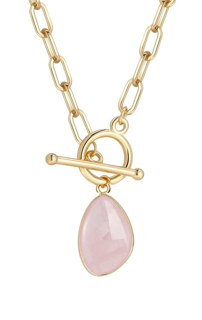 Liv Oliver 18k Gold Plated Rose Quartz Geometric Drop Necklace