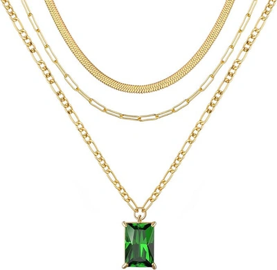 Liv Oliver 18k Gold Multi Layer Emerald Cut Green Necklace