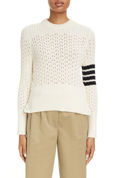 Thom Browne Boxy Rib Pointelle Virgin Wool Crewneck Sweater In White