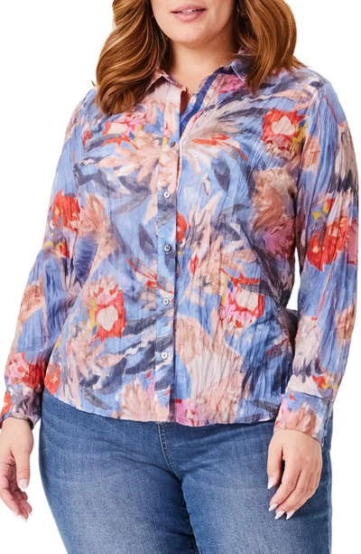 Nic + Zoe Dreamscape Crinkle Button-up Shirt In Blue Multi