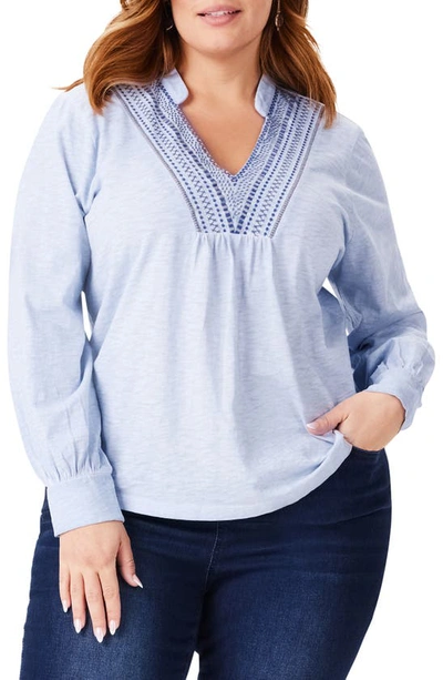 Nic + Zoe Blueline Embroidered Cotton Peasant Top In Blue Multi