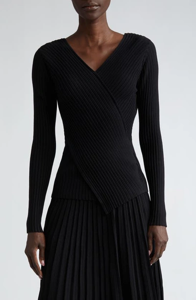 Lafayette 148 Wrap Front V-neck Rib Sweater In Black