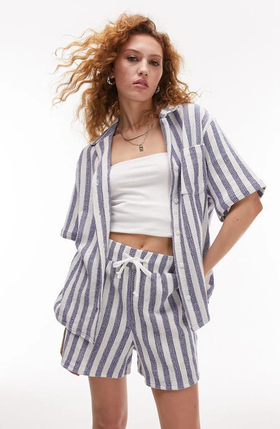 Topshop Stripe Oversize Cotton Button-up Shirt In Mid Blue