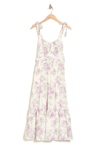 Row A Shoulder Tie Midi Dress In Ivory Purple Floral