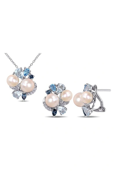 Delmar Created White Sapphire, Blue Topaz & 7.5-8mm Cultured Pearl Earrings & Necklace Set