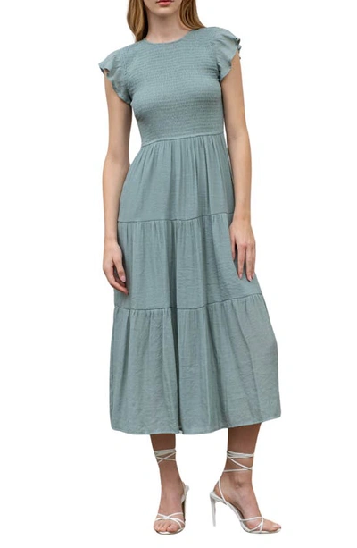 Blu Pepper Flutter Sleeve Smocked Tiered Midi Dress In Sage