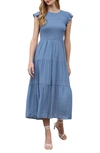 Blu Pepper Flutter Sleeve Smocked Tiered Midi Dress In Chambray