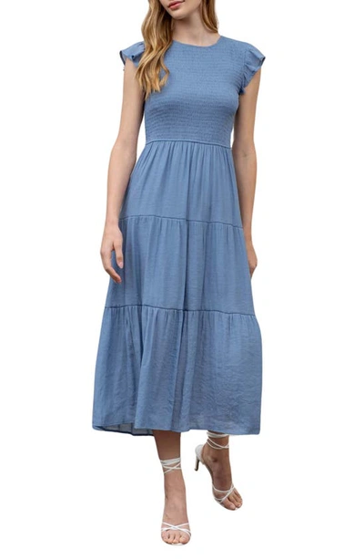 Blu Pepper Flutter Sleeve Smocked Tiered Midi Dress In Chambray