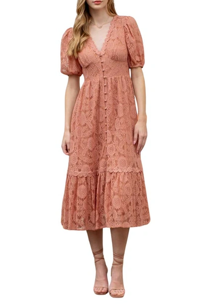 Blu Pepper Lace Short Sleeve Maxi Dress In Dusty Pink