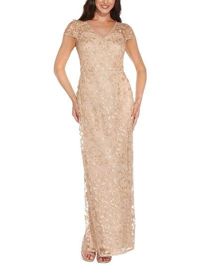 Adrianna Papell Womens Picot Trim Long Evening Dress In Gold
