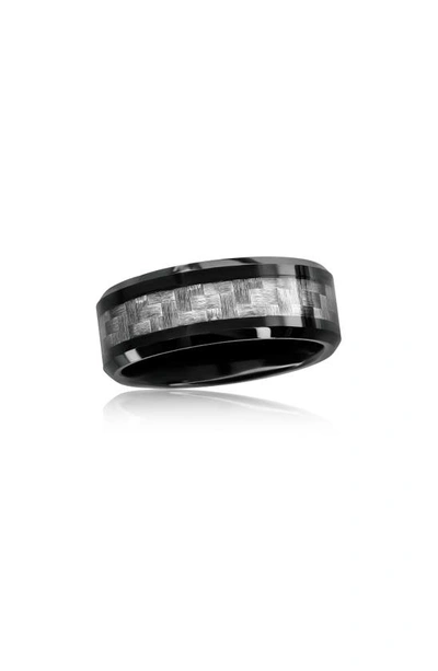 Blackjack Crosshatch Two-tone Band Ring In Silver Carbon Fiber