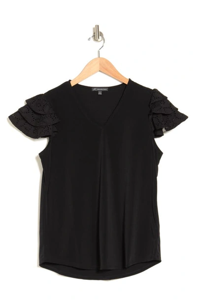 Adrianna Papell Eyelet Ruffle Sleeve Crepe Top In Black