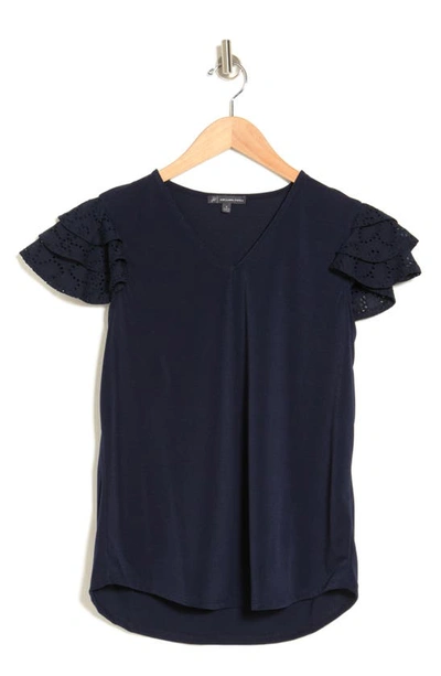 Adrianna Papell Eyelet Ruffle Sleeve Crepe Top In Blue Moon