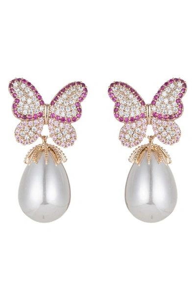 Eye Candy Los Angeles Jaci Cz Butterfly & Imitation Pearl Drop Earrings In White