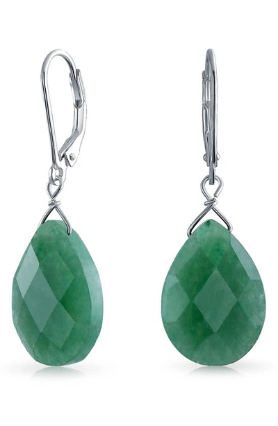 Bling Jewelry Rhodium Plated Sterling Silver Semiprecious Stone Teardrop Earrings In Green