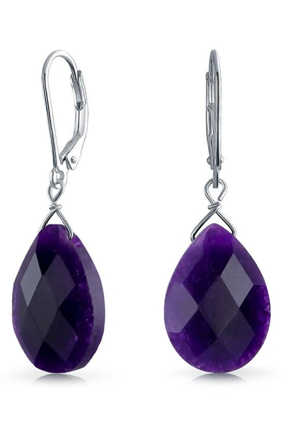 Bling Jewelry Rhodium Plated Sterling Silver Semiprecious Stone Teardrop Earrings In Purple