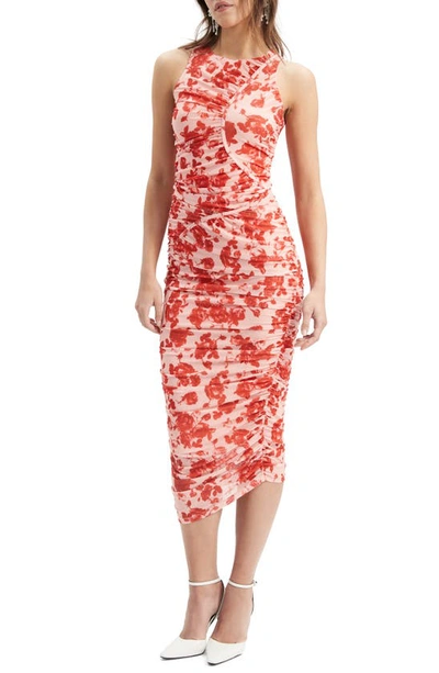 Bardot Felicia Floral Ruched Mesh Midi Dress In Red