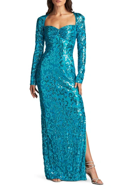 Sho By Tadashi Shoji Sequin Tapestry Long Sleeve Column Gown In Sea Breeze