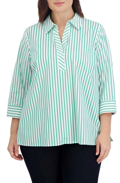 Foxcroft Sophia Stripe Three-quarter Sleeve Stretch Button-up Shirt In Kelly Green