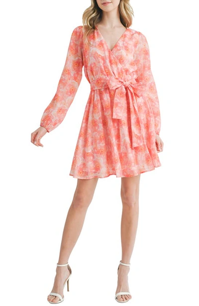 Mila Mae Floral Wrap Front Long Sleeve Dress In Coral
