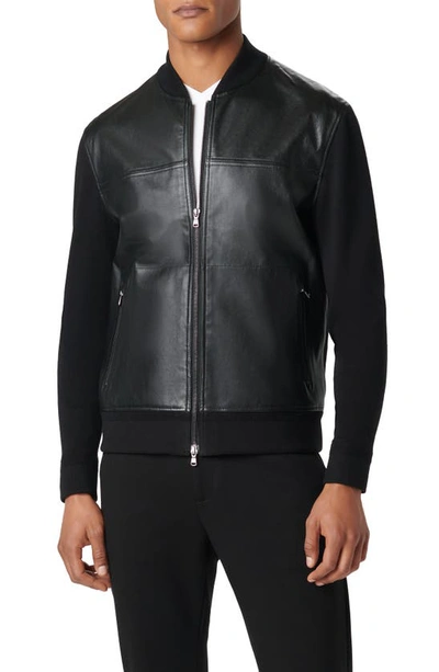 Bugatchi Leather Front Zip-up Cotton & Cashmere Cardigan In Black