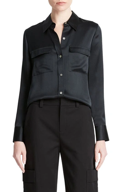 Vince Chest Pocket Satin Shirt In Black