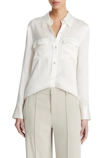 Vince Chest Pocket Satin Shirt In Off White
