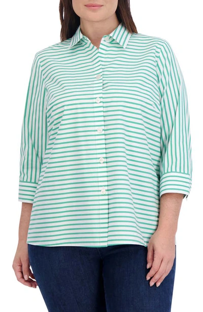 Foxcroft Kelly Stripe Cotton Blend Button-up Shirt In Kelly Green