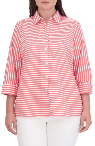 Foxcroft Kelly Stripe Cotton Blend Button-up Shirt In Tangerine