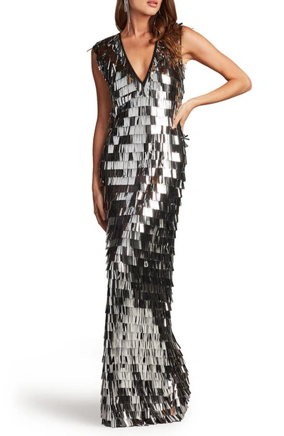 Sho By Tadashi Shoji Sequin Fringe Sleeveless Gown In Silver/ Black