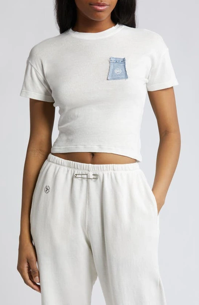 Sami Miro Vintage Denim Logo Patch Organic Cotton & Hemp Crop T-shirt In White